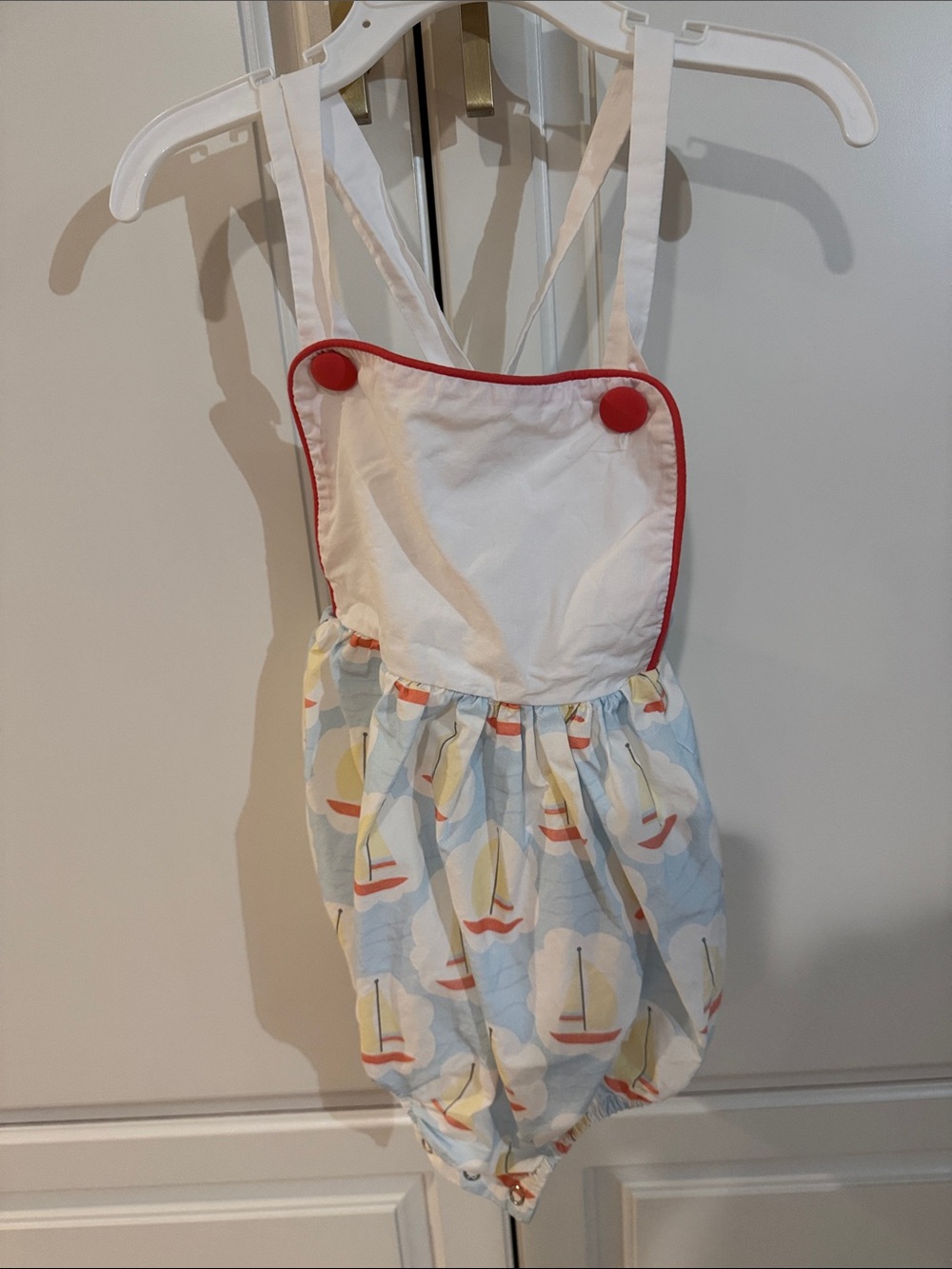 Sailboat Print Bubble Overalls with Red Trim - Kids